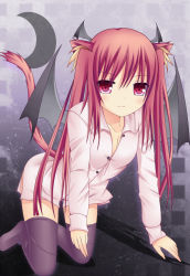 Rule 34 | 1girl, all fours, alternate hairstyle, animal ears, bad id, bad pixiv id, bat wings, black thighhighs, bottomless, cat ears, cat tail, collarbone, crescent, dress shirt, head wings, kaiba-san @kc, kemonomimi mode, koakuma, long hair, looking at viewer, naked shirt, no pants, red eyes, red hair, shirt, solo, tail, thighhighs, touhou, twintails, very long hair, wings, zettai ryouiki