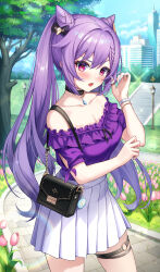 Rule 34 | 1girl, absurdres, alternate costume, bag, bare shoulders, black choker, blush, bracelet, choker, collarbone, commentary request, cone hair bun, contemporary, day, double bun, flower, frilled shirt, frills, genshin impact, hair bun, hair ornament, twirling hair, handbag, highres, jewelry, keqing (genshin impact), long hair, looking at viewer, nail polish, no-ba, o-ring, o-ring thigh strap, off shoulder, open mouth, outdoors, pink eyes, pleated skirt, purple hair, purple shirt, shirt, short sleeves, shoulder bag, sidelocks, skirt, solo, thigh strap, twintails, white skirt