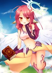 Rule 34 | 1girl, absurdres, angel wings, artist request, asymmetrical legwear, blush, book, breasts, commentary request, spiked halo, crop top, feathered wings, gloves, halo, highres, holding, holding book, jibril (no game no life), long hair, looking at viewer, low wings, magic circle, medium breasts, midriff, mismatched legwear, navel, no game no life, open mouth, pink hair, smile, solo, stomach, tattoo, very long hair, white wings, wing ears, wings, yellow eyes