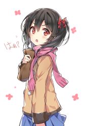 Rule 34 | &gt;:o, 10s, 1girl, :o, bag, black hair, blue skirt, blush, bow, hair between eyes, hair bow, long sleeves, looking at viewer, love live!, love live! school idol project, open mouth, paper bag, pleated skirt, red bow, red eyes, scarf, short hair, simple background, skirt, solo, twintails, v-shaped eyebrows, white background, yazawa nico, yuran