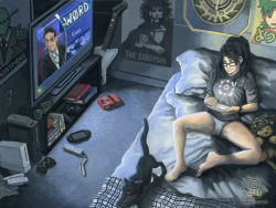 Rule 34 | anonymous (4chan), bed, black hair, book, cameltoe, cat, colbert report, cube, closed eyes, food, game console, glasses, guitar hero, handheld game console, hitchhiker&#039;s guide to the galaxy, kacey miyagami, koiwai yotsuba, lion, lying, nintendo ds, otaku room, panties, playing games, playstation portable, pocky, portal (series), portal 1, poster (object), solo, stephen colbert, stuffed animal, stuffed toy, television, the sandman, traditional media, underwear, aperture science weighted companion cube, wii, xbox, xbox 360, yotsubato!