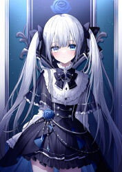 Rule 34 | 1girl, black bow, black bowtie, blue eyes, blue flower, blue rose, bow, bowtie, earrings, expressionless, flower, gothic lolita, grey eyes, grey hair, hair bow, heterochromia, highres, jewelry, kazunehaka, lolita fashion, looking at viewer, original, rose, single earring, solo, standing, twintails