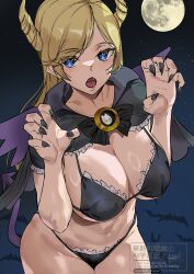 ashiomi_masato bikini black_bikini black_capelet black_nails blonde_hair blue_eyes breasts capelet claw_pose cleavage cowboy_shot fangs fingernails full_moon guilty_gear guilty_gear_strive hair_horns highres horn-shaped_hair large_breasts long_fingernails long_hair millia_rage moon night open_mouth swimsuit tongue watermark