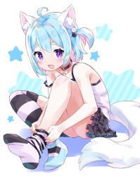 Rule 34 | 1girl, :d, ahoge, amimi, animal ear fluff, animal ears, antenna hair, aqua footwear, beads, black collar, black skirt, blue hair, bone, camisole, collar, colored inner hair, commission, dog ears, dog girl, dog tail, dot nose, dressing, feet, frilled skirt, frills, full body, hair beads, hair ornament, highres, knee up, light blue hair, looking at viewer, multicolored hair, one side up, open mouth, original, pink hair, purple eyes, shadow, short hair, sitting, skeb commission, skirt, smile, solo, star (symbol), strap slip, striped clothes, striped thighhighs, tail, thighhighs, virtual youtuber, white background, white camisole, white tail