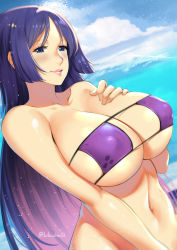 Rule 34 | 1girl, absurdres, bad id, bad pixiv id, bikini, blush, breasts, covered erect nipples, day, dutch angle, eyepatch bikini, fate/grand order, fate (series), hand on own chest, highres, huge breasts, lips, long hair, looking at viewer, lulu-chan92, minamoto no raikou (fate), minamoto no raikou (fate/grand order), minamoto no raikou (swimsuit lancer) (fate), navel, ocean, outdoors, parted bangs, pink lips, purple bikini, purple eyes, purple hair, sky, smile, swimsuit, twitter username, upper body, very long hair