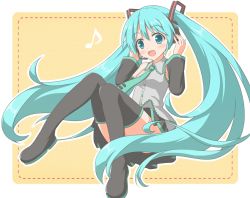 Rule 34 | 1girl, :d, aqua eyes, aqua hair, bare shoulders, black footwear, black skirt, black sleeves, black thighhighs, blush, boots, collared shirt, commentary request, detached sleeves, eighth note, full body, green necktie, grey shirt, hair between eyes, hair ornament, hands up, hatsune miku, headphones, headset, long hair, long sleeves, musical note, necktie, open mouth, pleated skirt, shino megumi, shirt, skirt, sleeveless, sleeveless shirt, smile, solo, thigh boots, thighhighs, tie clip, very long hair, vocaloid