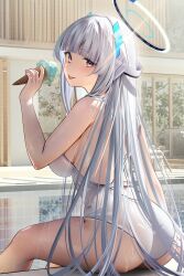 Rule 34 | 1girl, ass, back, blue archive, blunt bangs, blush, breasts, food, hair ornament, halo, highres, ice cream, ice cream cone, large breasts, long hair, looking at viewer, looking back, nanaken nana, noa (blue archive), one-piece swimsuit, purple eyes, sidelocks, sitting, smile, solo, swimsuit, thighs, tongue, tongue out, very long hair, white hair, white one-piece swimsuit