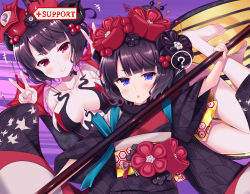 Rule 34 | +++, 2girls, :&lt;, ?, bare legs, bare shoulders, barefoot, black hair, black kimono, blue eyes, blush, breasts, calligraphy brush, closed mouth, collarbone, commentary request, double v, dual persona, english text, fate/grand order, fate (series), hair ornament, hands up, highres, holding, holding paintbrush, japanese clothes, katsushika hokusai (fate), katsushika hokusai (third ascension) (fate), kimono, ko yu, large breasts, long sleeves, looking at viewer, multiple girls, obi, oversized object, paintbrush, parted lips, red eyes, revealing clothes, sash, short hair, smile, spoken question mark, toenails, triangle mouth, v, v-shaped eyebrows, wide sleeves