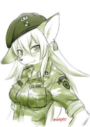 Rule 34 | 1girl, beret, blush, breast pocket, breasts, closed mouth, dog tags, ear tag, ebifly, fang, fang out, furry, furry female, green theme, hair between eyes, hat, jacket, long hair, looking at viewer, medium breasts, military jacket, monochrome, original, pocket, short sleeves, simple background, smile, solo, twitter username, united states army, upper body, white background