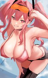 Rule 34 | 1girl, ass, azur lane, bare shoulders, bikini, blush, breasts, bremerton (azur lane), cleavage, collarbone, female focus, goggles, goggles on head, large breasts, long hair, looking at viewer, pink eyes, pink hair, sidelocks, smile, solo, swimsuit, thighs, twintails, ulrich (tagaragakuin), whale tail (clothing)