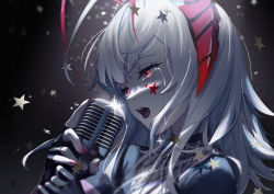 Rule 34 | 1girl, arknights, black background, black gloves, black shirt, chain, chain necklace, commentary, crying, crying with eyes open, fingerless gloves, gloves, highres, holding, holding microphone, horns, jewelry, microphone, nail polish, necklace, open mouth, portrait, red eyes, shirt, solo, star (symbol), star tattoo, tattoo, tears, ttk (kirinottk), w (arknights), white hair