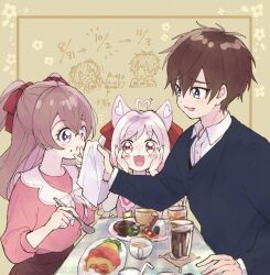 Rule 34 | 1boy, 2girls, :3, :d, :t, ahoge, animal ears, birthday, blue eyes, blue sweater, blush stickers, brown hair, collared shirt, commentary, cup, dated, delicious party precure, dress shirt, drinking glass, drinking straw, eating, food, food on face, fox ears, fox girl, hair ribbon, handkerchief, hands on own face, heart, heart ahoge, holding, holding handkerchief, holding spoon, kome-kome (precure), kome-kome (precure) (human), long sleeves, looking at another, medium hair, motion lines, multiple girls, nagomi yui, notice lines, omelet, omurice, onigiri, open mouth, picnic, pink hair, pink shirt, plate, precure, purple eyes, red ribbon, ribbon, shinada takumi, shirt, short hair, smile, sorashinakei k, spoon, sweater, table, twintails, two side up, v-neck, white shirt, wing collar, wiping face