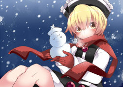 Rule 34 | 1girl, black skirt, black vest, blonde hair, blue background, blush, commentary request, expressionless, eyes visible through hair, gloves, hammer (sunset beach), holding, knees up, looking at viewer, lunasa prismriver, red gloves, red scarf, scarf, short hair, sitting, skirt, snowing, snowman, solo, touhou, vest