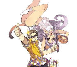 Rule 34 | 1boy, 3girls, alternate costume, animal ears, animal hands, ass, blush, camisole, collared shirt, commentary request, crown, facial hair, foot out of frame, gloves, goatee, grey hair, grin, hawaiian shirt, heterochromia, highres, lazy (ragnarok online), light brown hair, long hair, looking at viewer, mil (xration), multiple girls, nemma, open mouth, panno, panties, paw gloves, pope (ragnarok online), purple eyes, purple hair, ragnarok online, red eyes, shirt, short hair, simple background, smile, socks, sparkle, sunglasses, thumbs up, underwear, upper body, upside-down, white background, white camisole, white legwear, white panties, white shirt, yellow shirt