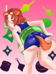 Rule 34 | 1girl, adjusting clothes, animal ears, aq interactive, arcana heart, ass, atlus, bent over, blush, brown hair, dog ears, dog tail, embarrassed, examu, from behind, highres, innertube, konoha (arcana heart), looking back, meganemausu, orange eyes, school swimsuit, shiny clothes, short hair, solo, swim ring, swimsuit, tail