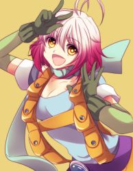 Rule 34 | 1girl, ahoge, antenna hair, artist request, blue shirt, breasts, cleavage, collarbone, gloves, highres, looking at viewer, multicolored hair, open mouth, overalls, pascal (tales), pouch, scarf, shirt, short hair, smile, suspenders, tales of (series), tales of graces, two-tone hair, v, yellow eyes