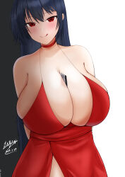 Rule 34 | 1girl, absurdres, azur lane, bare shoulders, between breasts, black hair, blush, breasts, card, card between breasts, choker, cleavage, cocktail dress, dress, highres, huge breasts, long hair, looking at viewer, official alternate costume, red choker, red eyes, shoei (3544), smile, solo, taihou (azur lane), taihou (forbidden feast) (azur lane), tongue, tongue out, very long hair