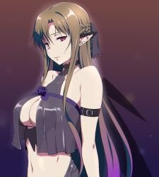 Rule 34 | 1girl, asuna (sao), bare arms, bare shoulders, braid, breasts, brown hair, crown braid, earrings, elf, female focus, french braid, half updo, jewelry, large breasts, long hair, looking at viewer, midriff, navel, pointy ears, puge, red eyes, revealing clothes, solo, standing, sword art online, upper body, very long hair