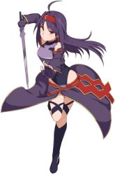 Rule 34 | 1girl, ahoge, armor, bare shoulders, breastplate, breasts, commentary request, detached sleeves, fingerless gloves, full body, gloves, hair ornament, hairband, holding, holding sword, holding weapon, leg up, leotard, long hair, looking at viewer, medium breasts, pointy ears, purple armor, purple hair, red eyes, red hairband, shiseki hirame, simple background, smile, solo, split mouth, sword, sword art online, thighhighs, very long hair, weapon, white background, yuuki (sao)