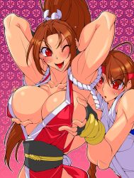 Rule 34 | 2girls, armpits, arms behind head, blush, braid, breasts, brown hair, cleavage, fatal fury, fingerless gloves, gloves, grabbing, grabbing another&#039;s breast, headband, highres, japanese clothes, large breasts, long hair, multiple girls, one eye closed, open mouth, ponytail, red eyes, ryuuko no ken, shiranui mai, smile, snk, the king of fighters, wink, yuri, yuri sakazaki