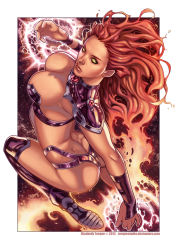 Rule 34 | 1girl, alien, ass, boots, breasts, butt crack, cleavage, colored skin, dc comics, elizabeth torque, female focus, fiery hair, flying, gradient hair, green eyes, hip vent, large breasts, long hair, multicolored hair, no pupils, orange skin, red hair, solid eyes, solo, starfire, thigh boots, thighhighs, thong, vambraces