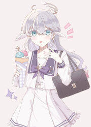 Rule 34 | 1girl, bag, blue bow, blue bowtie, bow, bowtie, cowboy shot, dress, food, food on face, green eyes, grey hair, hair between eyes, halo, head wings, highres, holding, holding ice cream cone, honkai: star rail, honkai (series), ice cream cone, long sleeves, looking at viewer, o-mo chi, robin (honkai: star rail), sailor collar, school bag, school uniform, serafuku, solo, white dress, white sailor collar, white serafuku, white wings, wings