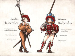 2girls armor blue_eyes brown_footwear brown_hair chaperon_hat closed_mouth coif commentary cross english_commentary english_text engrish_text frilled_shirt_collar frills green_eyes halberd hand_on_own_hip hat hat_feather holding holding_polearm holding_weapon ironlily long_sleeves long_sword medium_hair mercenary multiple_girls orange_leggings orange_shirt original polearm puffy_long_sleeves puffy_sleeves ranguage red_hat reislaeufer_(ironlily) sheath shirt socks striped_clothes striped_socks sword thighs vertical-striped_clothes vertical-striped_socks weapon