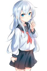 Rule 34 | 1girl, black sailor collar, blue eyes, blush, closed mouth, hair between eyes, hibiki (kancolle), holding, holding own hair, kantai collection, long hair, long sleeves, looking at viewer, neckerchief, pleated skirt, sailor collar, school uniform, serafuku, silver hair, simple background, skirt, solo, tachibana (x quick), thighhighs, white background