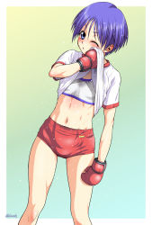 Rule 34 | 1girl, ;o, bare arms, bare legs, blue eyes, blue hair, blush, body blush, border, breasts, breasts apart, buruma, commentary request, covered erect nipples, feet out of frame, gym shirt, hand up, long hair, matsubara aoi, midriff, naitou kouse, navel, one eye closed, red buruma, shirt, short hair, short sleeves, small breasts, smile, solo, sports bra, standing, stomach, sweat, tareme, to heart, to heart (series), toned, white border, wiping sweat