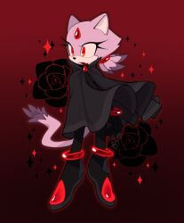 Rule 34 | 1girl, black cape, black coat, black flower, black rose, blaze the cat, blood, blood on face, bracelet, cape, closed mouth, coat, fang, fang out, flower, forehead jewel, full body, furry, furry female, gradient background, highres, jewelry, kiioki11, red eyes, rose, simple background, solo, sonic (series), vampire