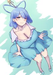 Rule 34 | 1girl, aqua background, blue dress, blue eyes, blue hair, blush, breasts, chisel, cleavage, closed mouth, commentary request, dress, foreshortening, hair ornament, hair rings, hair stick, highres, kaku seiga, large breasts, looking at viewer, mirufui, short hair, smile, solo, touhou