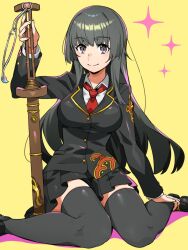 Rule 34 | 1girl, black eyes, black hair, black thighhighs, blunt bangs, breasts, closed mouth, collared shirt, colored shadow, commentary, feet out of frame, highres, holding, holding sword, holding weapon, loafers, long hair, magatama, medium breasts, necktie, nizitaro, pleated skirt, protagonist 2 (housamo), red necktie, school uniform, shadow, shirt, shoes, simple background, sitting, skirt, smile, solo, sparkle, sword, thighhighs, tokyo houkago summoners, wariza, weapon, yellow background