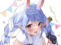 Rule 34 | 1girl, :d, animal ear fluff, animal ears, bare shoulders, black gloves, black pantyhose, blue hair, blush, box, braid, buttons, carrot hair ornament, commentary request, confetti, cropped, detached sleeves, don-chan (usada pekora), eyes visible through hair, food-themed hair ornament, fur-trimmed gloves, fur scarf, fur trim, gift, gift box, gloves, hair ornament, highres, hololive, kirimi, looking at viewer, multicolored hair, open mouth, pantyhose, portrait, rabbit, rabbit ears, rabbit girl, short eyebrows, signature, smile, solo, string of flags, thick eyebrows, twin braids, two-tone hair, usada pekora, usada pekora (1st costume), virtual youtuber, white hair