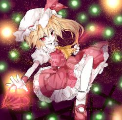 Rule 34 | 1girl, ascot, bad id, bad pixiv id, blonde hair, cross, embodiment of scarlet devil, female focus, flandre scarlet, gradient background, hat, inoichi, laevatein, mari audio, mary janes, no wings, red eyes, shoes, short hair, side ponytail, slit pupils, solo, touhou