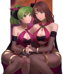 Rule 34 | 2girls, alternate costume, asagi (banzoku210), breasts, brown hair, closed mouth, dancer, dorothea arnault, earrings, fire emblem, fire emblem: genealogy of the holy war, fire emblem: three houses, fire emblem heroes, green eyes, green hair, hair ornament, headpiece, highres, holding hands, jewelry, large breasts, lene (fire emblem), lips, long hair, multiple girls, nail polish, nintendo, pantyhose, skin tight