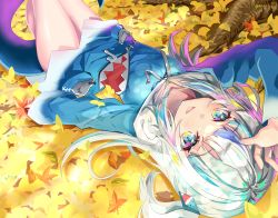 Rule 34 | 1girl, animal hood, arm up, autumn leaves, bad id, bad pixiv id, blue eyes, blue hair, blue hoodie, blunt bangs, blush, commentary request, fangs, fins, fish tail, gawr gura, gawr gura (1st costume), grey hair, hair ornament, highres, hololive, hololive english, hood, hoodie, knees up, long sleeves, looking at viewer, lying, multicolored eyes, multicolored hair, on back, open mouth, pink eyes, shark hood, shark tail, sharp teeth, sho (runatic moon), smile, solo, streaked hair, tail, teeth, two side up, upside-down, virtual youtuber, white hair, wide sleeves