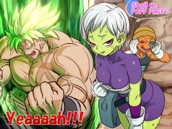 Rule 34 | 10s, 1girl, 2boys, abs, alien, aura, biceps, blush, breasts, broly (dragon ball super), cheelai, colored skin, curvy, dragon ball, dragon ball super, dragon ball super broly, english text, fushisha o, gloves, green skin, large breasts, leaning forward, legendary super saiyan, lemo (dragon ball), looking at viewer, multiple boys, muscular, naughty face, open mouth, pectorals, purple eyes, scar, scouter, shiny skin, short hair, skin tight, smile, spiked hair, super saiyan, sweat, topless male, white gloves