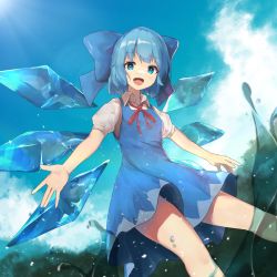 Rule 34 | 1girl, blue bow, blue dress, blue eyes, blue hair, blue sky, blush, bow, bowtie, breasts, cirno, cloud, cloudy sky, collared shirt, commentary request, day, dress, eyelashes, hair between eyes, hands up, highres, ice, ice wings, keikei 927, leaf, light rays, looking at viewer, open mouth, outdoors, puffy short sleeves, puffy sleeves, red bow, red bowtie, shadow, shirt, short hair, short sleeves, sky, small breasts, smile, solo, splashing, standing, sunbeam, sunlight, thighs, touhou, water, water drop, white shirt, wings