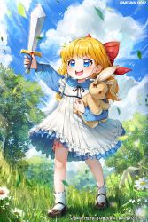 Rule 34 | 1girl, :d, absurdres, black footwear, black ribbon, blonde hair, blue eyes, blue shirt, blue sky, bow, cloud, cloudy sky, commentary request, copyright request, day, dress, flower, food print, frilled dress, frills, grass, hair bow, highres, holding, holding sword, holding weapon, korean commentary, long hair, long sleeves, menna (0012), neck ribbon, hugging object, official art, open mouth, outdoors, outstretched arm, pink shorts, pleated dress, print shorts, puffy long sleeves, puffy sleeves, red bow, ribbon, round teeth, shirt, shoes, shorts, shorts under dress, sky, sleeveless, sleeveless dress, smile, socks, solo, standing, strawberry print, stuffed animal, stuffed rabbit, stuffed toy, sword, teeth, tree, twitter username, upper teeth only, very long hair, weapon, white dress, white flower, white socks