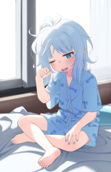 Rule 34 | 1girl, absurdres, barefoot, blue eyes, blue nails, blue pajamas, blush, crossed legs, fang, feet, gawr gura, hand on own knee, highres, hololive, hololive english, messy hair, multicolored hair, one eye closed, open mouth, pajamas, sitting, soles, toes, two-tone hair, ugaaaa1, virtual youtuber, waking up, window