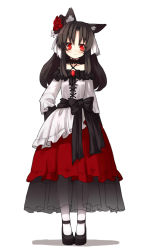 Rule 34 | 1girl, adapted costume, alternate costume, animal ears, bare shoulders, black hair, blouse, blush, bodice, choker, dress, frilled dress, frills, full body, gothic lolita, hair ornament, highres, imaizumi kagerou, layered dress, layered skirt, lolita fashion, long hair, long sleeves, looking at viewer, mary janes, off shoulder, petticoat, red eyes, red skirt, ribbon, sash, see-through, sh (shinh), shirt, shoes, simple background, skirt, solo, touhou, veil, white background, white legwear, white shirt, wolf ears