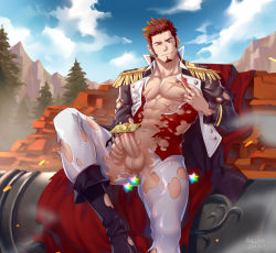 Rule 34 | 1boy, abs, bara, bare pectorals, blue eyes, boots, brown hair, cape, chrisanother, clothes pull, cross scar, epaulettes, erection, facial hair, fate/grand order, fate (series), feet out of frame, goatee, huge weapon, jacket, jacket pull, leaning back, long sideburns, long sleeves, male focus, male masturbation, masturbation, military, military uniform, muscular, muscular male, napoleon bonaparte (fate), nipples, one eye closed, open clothes, paid reward available, pants, pectorals, penis, red cape, saint quartz (fate), scar, scar on chest, shirt, shirt pull, short hair, sideburns, smile, solo, summon ticket (fate), tight clothes, torn clothes, torn pants, torn shirt, uncensored, uniform, weapon