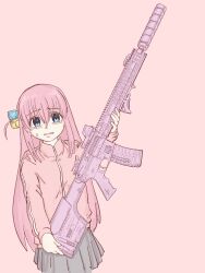 Rule 34 | 1girl, absurdres, assault rifle, blue eyes, bocchi the rock!, commentary, cube hair ornament, english commentary, gotoh hitori, green skirt, gun, hair between eyes, hair ornament, hello kitty, highres, holding, holding gun, holding weapon, jacket, long hair, long sleeves, nervous, pink background, pink jacket, pleated skirt, rifle, sanrio, simple background, skirt, solo, stef ruvx, sweatdrop, track jacket, very long hair, weapon, weapon request