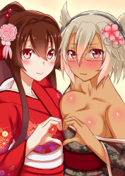 Rule 34 | 10s, 2girls, blush, body blush, breast press, breasts, brown hair, dark-skinned female, dark skin, glasses, hair ornament, headgear, heart, heart hands, heart hands duo, highres, japanese clothes, kantai collection, kimono, large breasts, long hair, mizuse kouichi, multiple girls, musashi (kancolle), obi, off shoulder, pointy hair, ponytail, red eyes, sash, smile, symmetrical docking, twintails, wavy mouth, white hair, yamato (kancolle)