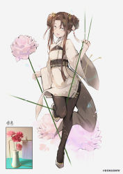 Rule 34 | 1girl, :d, black pantyhose, brown eyes, brown hair, commentary request, dema hmw, double bun, dress, flower, grey background, grey footwear, hair between eyes, hair bun, highres, holding, long hair, long sleeves, looking at viewer, obi, open mouth, original, pantyhose, parted bangs, personification, photo-referenced, pink flower, red flower, sash, shoes, sidelocks, simple background, smile, standing, standing on one leg, twitter username, very long hair, white dress, wide sleeves