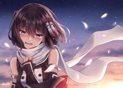 Rule 34 | 1girl, black gloves, blush, brown eyes, brown hair, cloud, crying, crying with eyes open, elbow gloves, evening, feathers, fingerless gloves, floating hair, gloves, hair ornament, hand up, kantai collection, looking at viewer, morigami (morigami no yashiro), open mouth, scarf, school uniform, sendai (kancolle), sendai kai ni (kancolle), serafuku, short hair, sidelocks, signature, sky, smile, solo, star (sky), starry sky, tears, two side up, white scarf, wind, wind lift