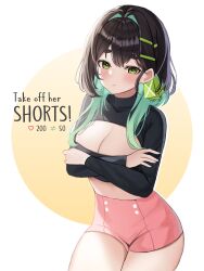 Rule 34 | 1girl, absurdres, aqua hair, black hair, black shirt, black sweater, blush, breasts, cleavage, cleavage cutout, closed mouth, clothing cutout, covering privates, covering chest, cowboy shot, crop top, cropped sweater, embarrassed, english text, green eyes, hair ornament, hairclip, high-waist shorts, highres, indie virtual youtuber, long hair, long sleeves, looking at viewer, medium breasts, meme, midriff, multicolored hair, nannung, pink shorts, pout, saki.exe, shirt, short shorts, shorts, solo, standing, sweater, thick eyebrows, thighs, twitter strip game (meme), two-tone hair, virtual youtuber