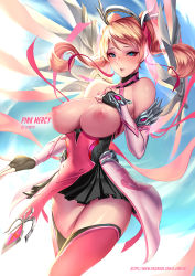 Rule 34 | 1girl, alternate hairstyle, artist name, bare shoulders, black skirt, blonde hair, blue eyes, blue sky, blush, breasts, breasts out, character name, cian yo, cleavage, criss-cross halter, dress, gloves, hair ribbon, halo, halterneck, hand on own chest, large breasts, lips, looking at viewer, mechanical halo, mechanical wings, mercy (overwatch), miniskirt, nipples, nose, official alternate costume, outdoors, overwatch, overwatch 1, parted lips, pelvic curtain, pink dress, pink lips, pink mercy, pink ribbon, pink thighhighs, pleated skirt, ribbon, signature, skirt, sky, solo, thighhighs, twintails, watermark, web address, wings