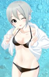 Rule 34 | 1girl, ;p, bikini, black bikini, black eyes, blue background, breasts, cleavage, collarbone, cowboy shot, food, ginnote, hair between eyes, holding, holding food, ice cream, idolmaster, idolmaster cinderella girls, jacket, long sleeves, looking at viewer, medium breasts, navel, one eye closed, open clothes, open jacket, popsicle, shiomi syuko, short hair, silver hair, solo, standing, swimsuit, tongue, tongue out, white jacket