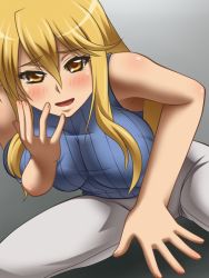 Rule 34 | 1girl, awa, bare arms, bare shoulders, blonde hair, blush, breast press, breasts, eyebrows, highschool of the dead, large breasts, legs, long hair, looking at viewer, marikawa shizuka, open mouth, parted lips, simple background, sitting, sleeveless, smile, solo, sweater vest, thighs, yellow eyes